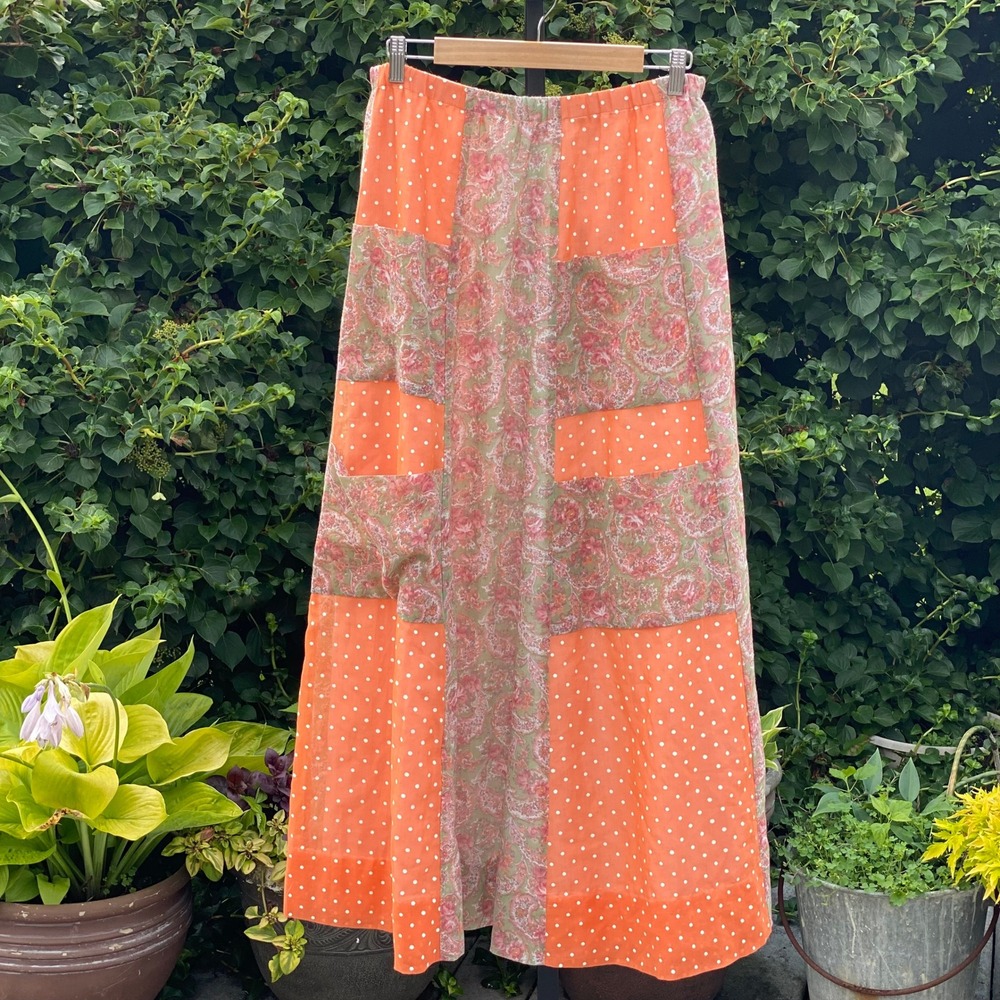 True Vtg Chessa Davis Boho Orange Mixed Print Maxi Pocket Skirt Elastic Waist -L